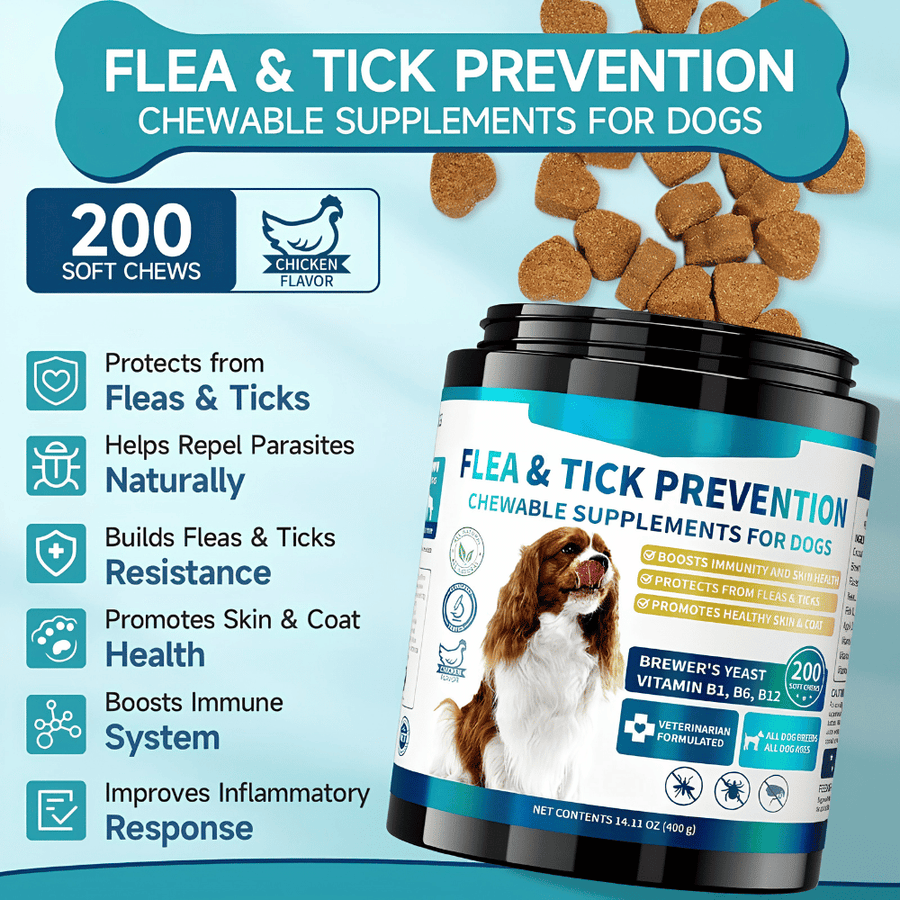 Natural Flea & Tick Prevention Chews for Dogs - 200 Chicken-Flavored Soft Chews