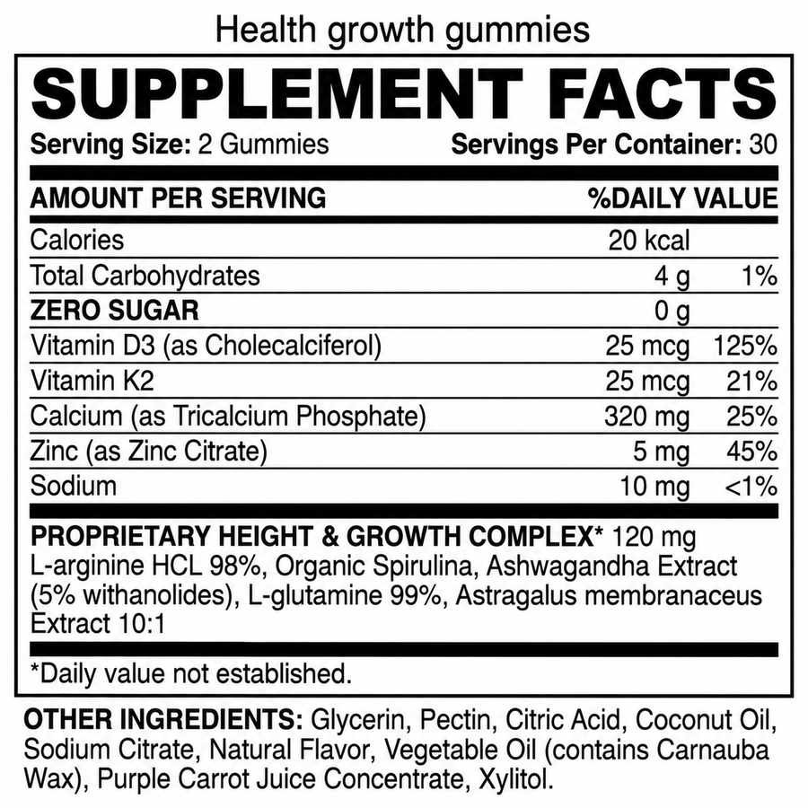 Kids & Teens Growth Support Gummies – Vitamin D3, K2, Calcium & Zinc | 60 Gummies