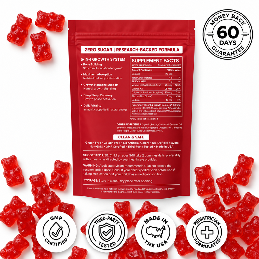 Kids & Teens Growth Support Gummies – Vitamin D3, K2, Calcium & Zinc | 60 Gummies