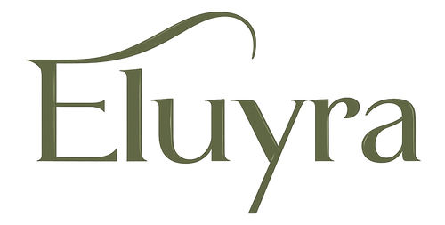 The brand name 'Eluyra' is displayed in a dark olive green serif typeface with a decorative swirled topstroke, centered on a solid white background.