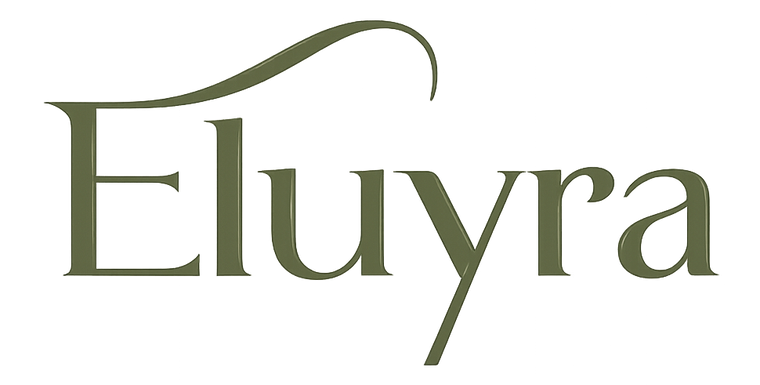 The brand name 'Eluyra' is displayed in a dark olive green serif typeface with a decorative swirled topstroke, centered on a solid white background.